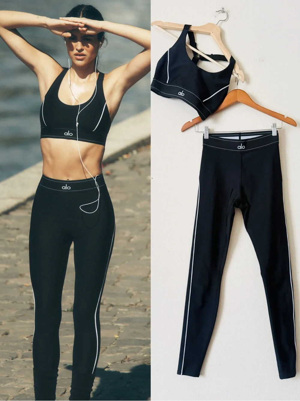 Alo yoga MEDIUM/SMALL Airlift Suit Up black white piping leggings sports bra set - Picture 1 of 10